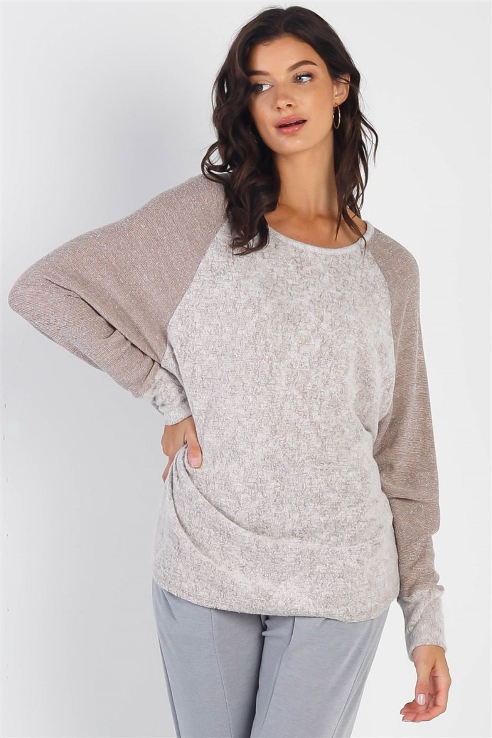 Cherish Apparel Round Neck Long Sleeve Contrast Top - Runway Regalia