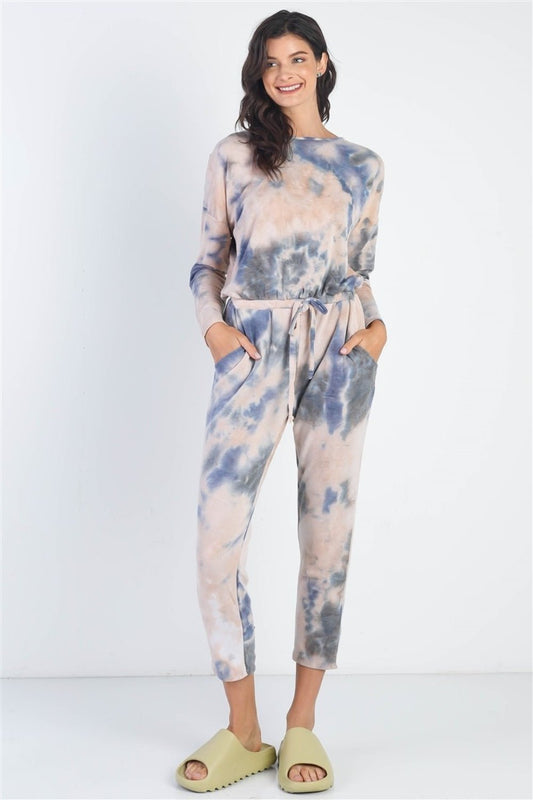 Cherish Apparel Tie - Dye Round Neck Long Sleeve Jumpsuit - Runway Regalia