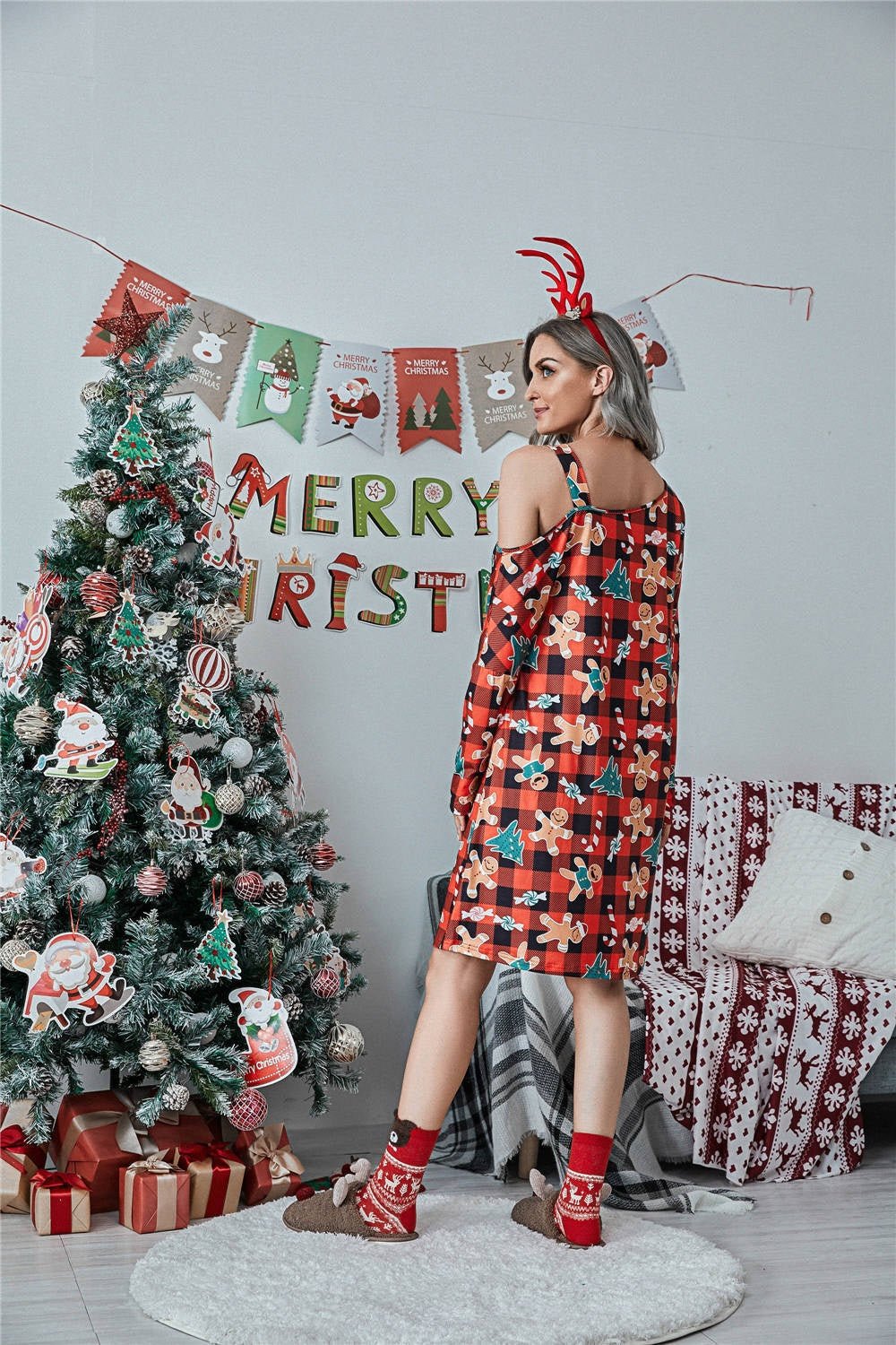 Christmas Asymmetrical Neck Long Sleeve Dress - Runway Regalia