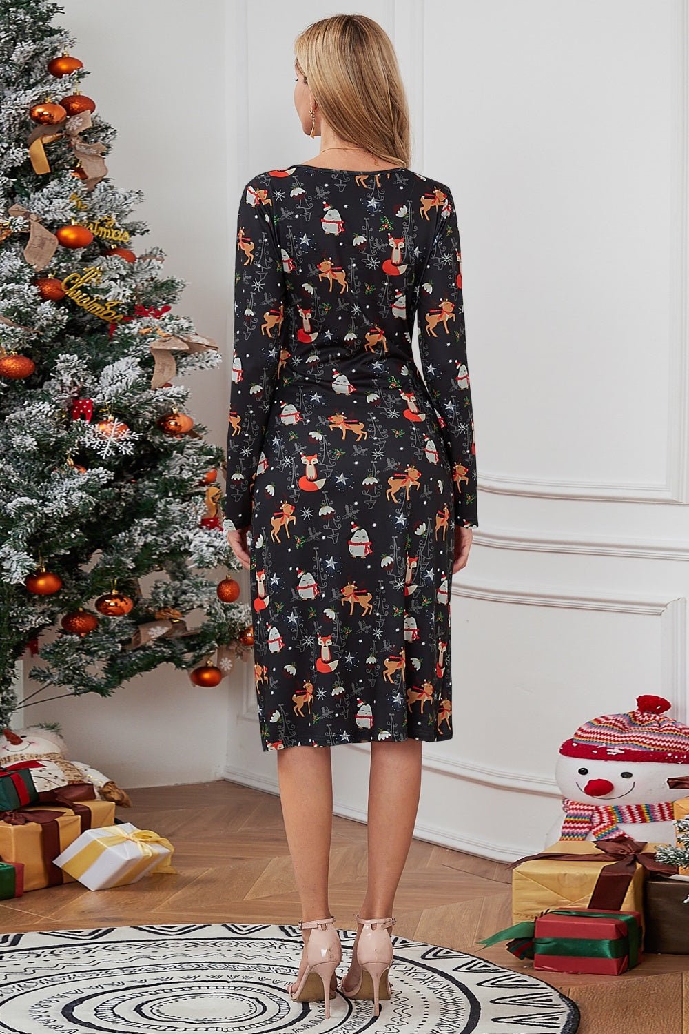 Christmas Element Print Long Sleeve Dress - Runway Regalia