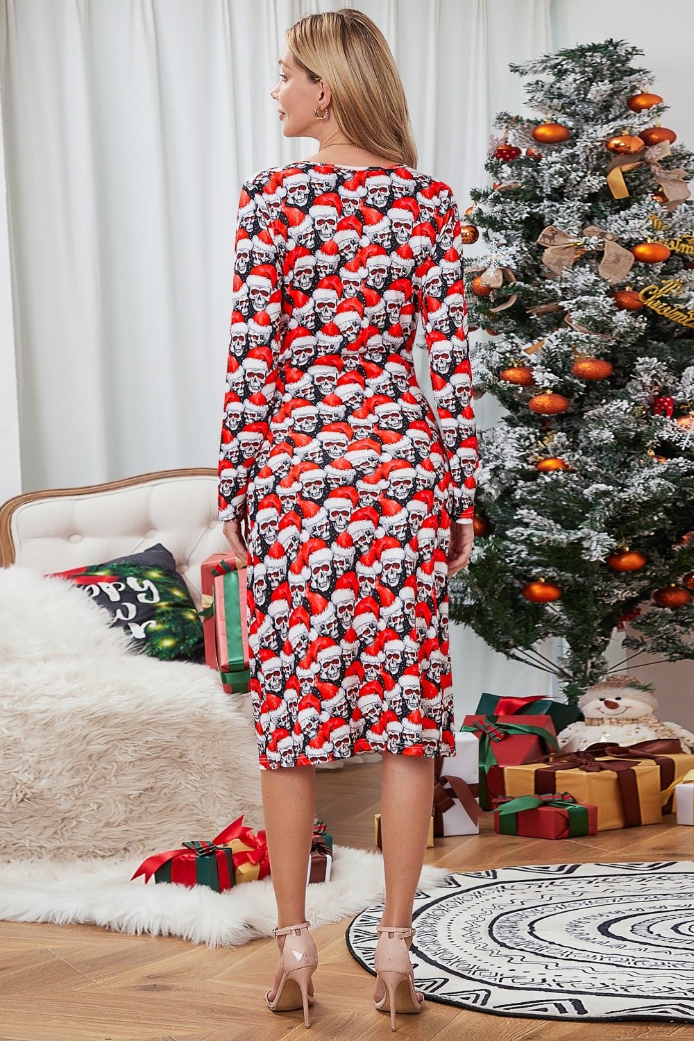 Christmas Element Print Long Sleeve Dress - Runway Regalia