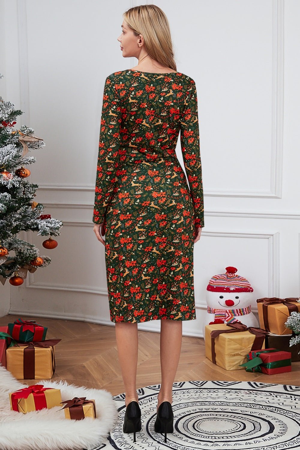 Christmas Element Print Long Sleeve Dress - Runway Regalia