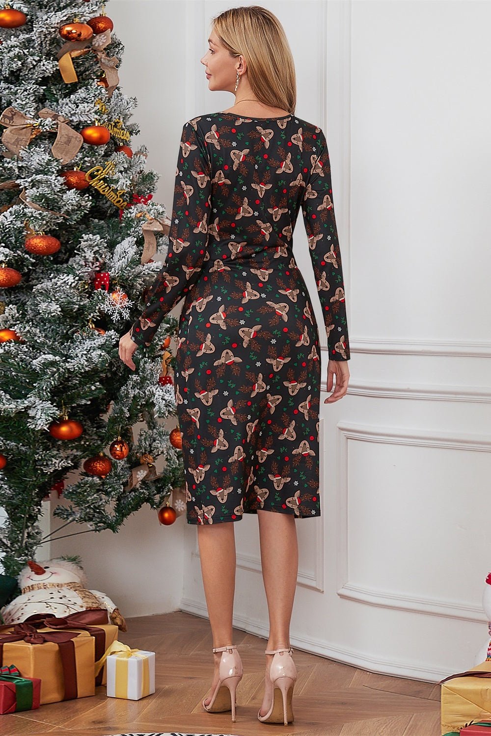 Christmas Element Print Long Sleeve Dress - Runway Regalia