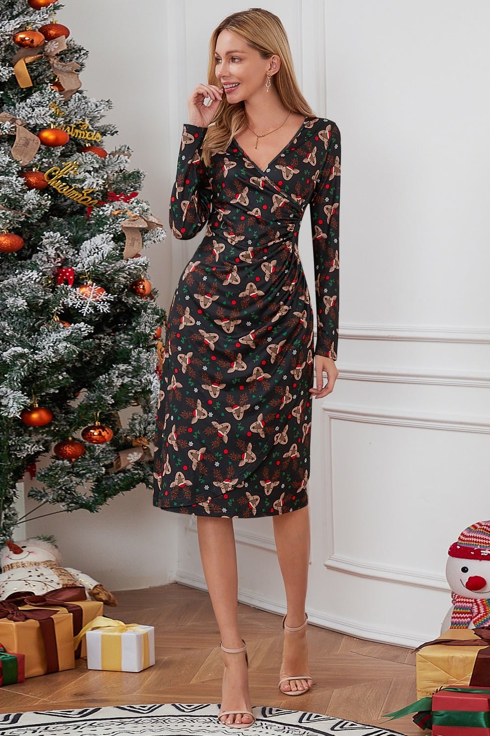 Christmas Element Print Long Sleeve Dress - Runway Regalia