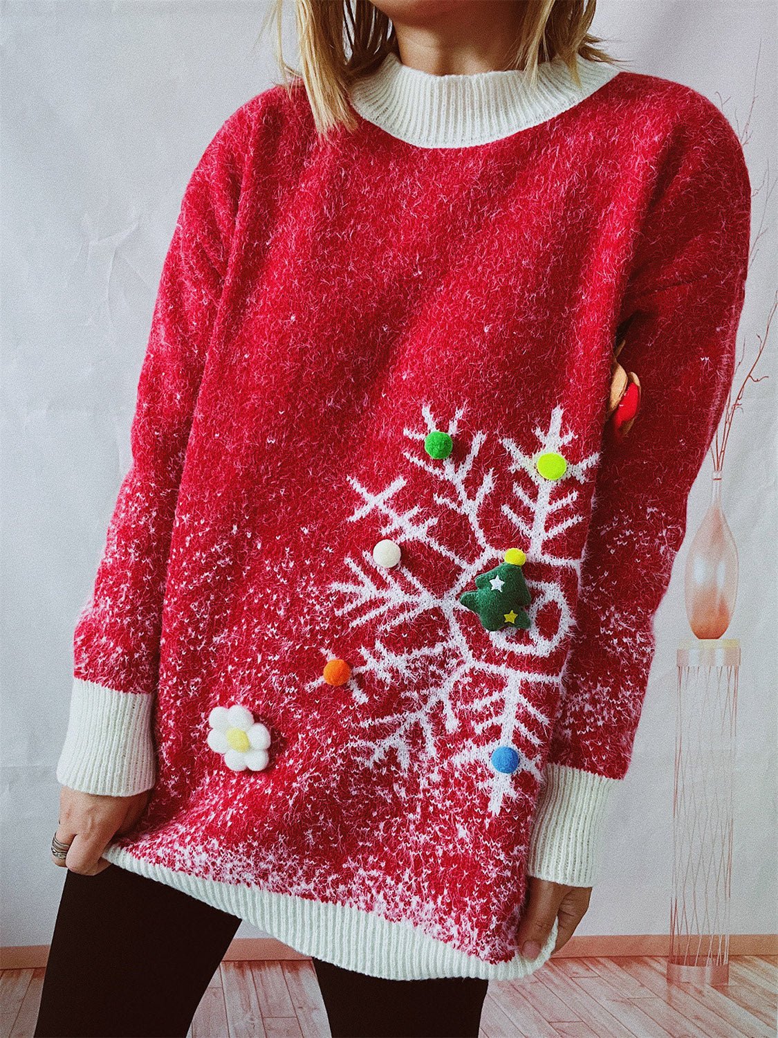 Christmas Element Round Neck Sweater and Scarf Set - Runway Regalia