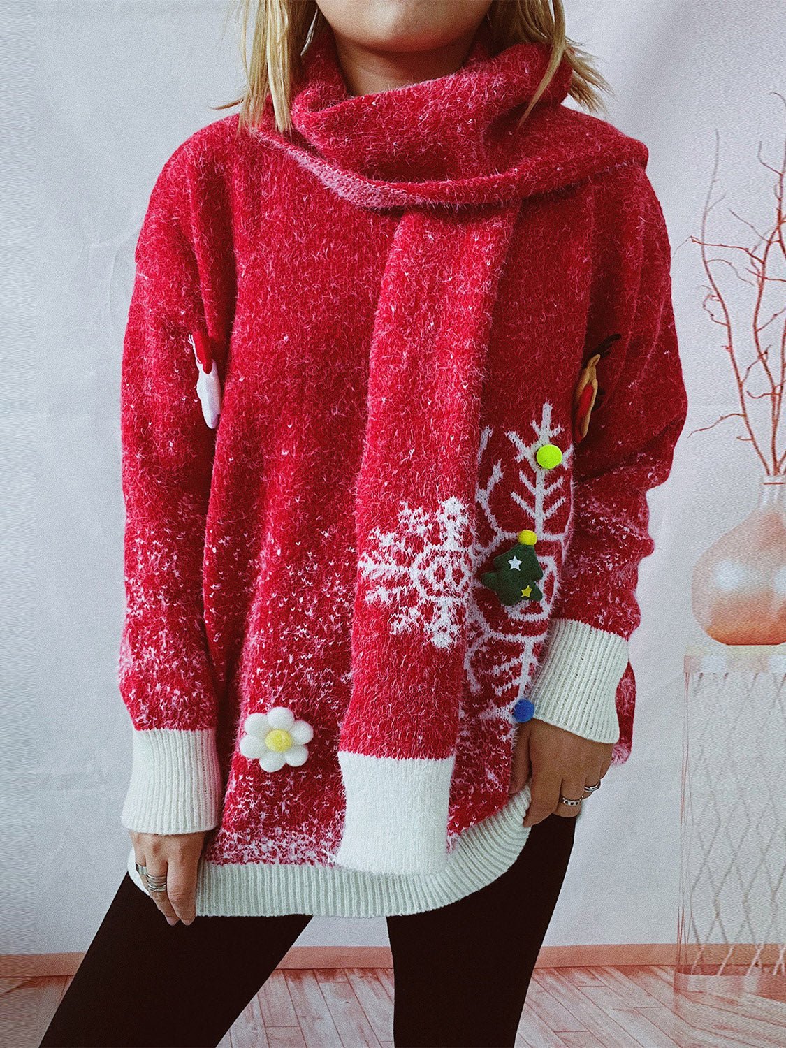 Christmas Element Round Neck Sweater and Scarf Set - Runway Regalia