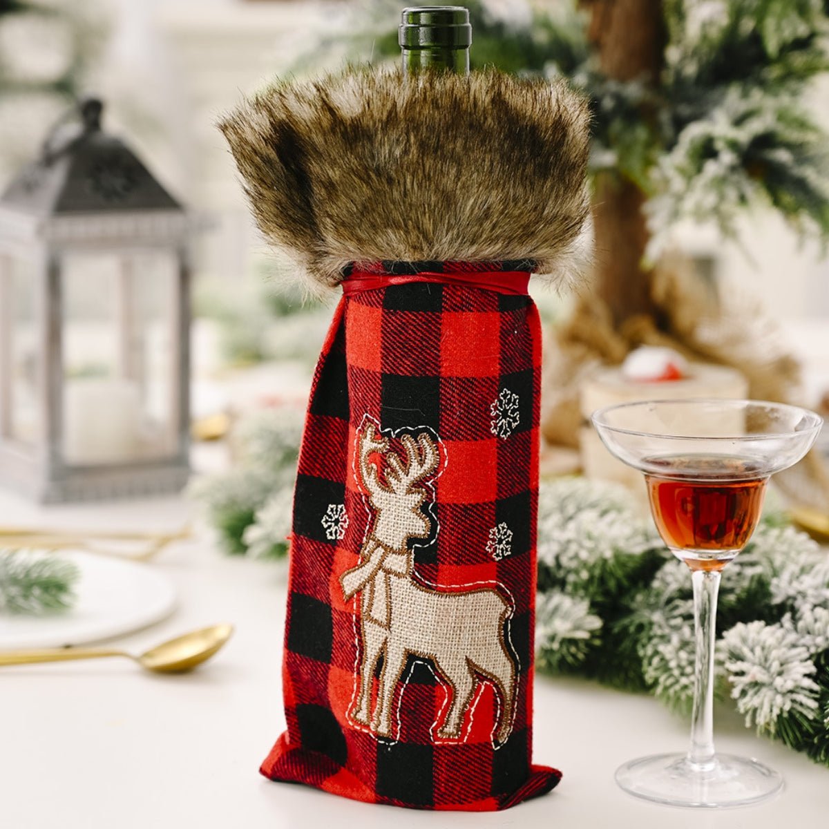 Christmas Graphic Plaid Wine Bottle Cover - Runway Regalia