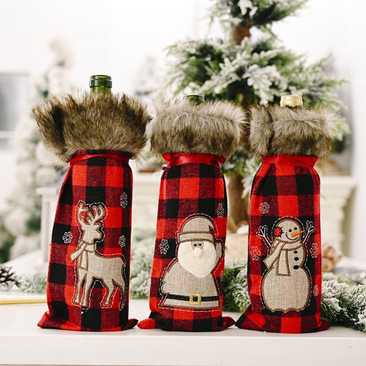 Christmas Graphic Plaid Wine Bottle Cover - Runway Regalia