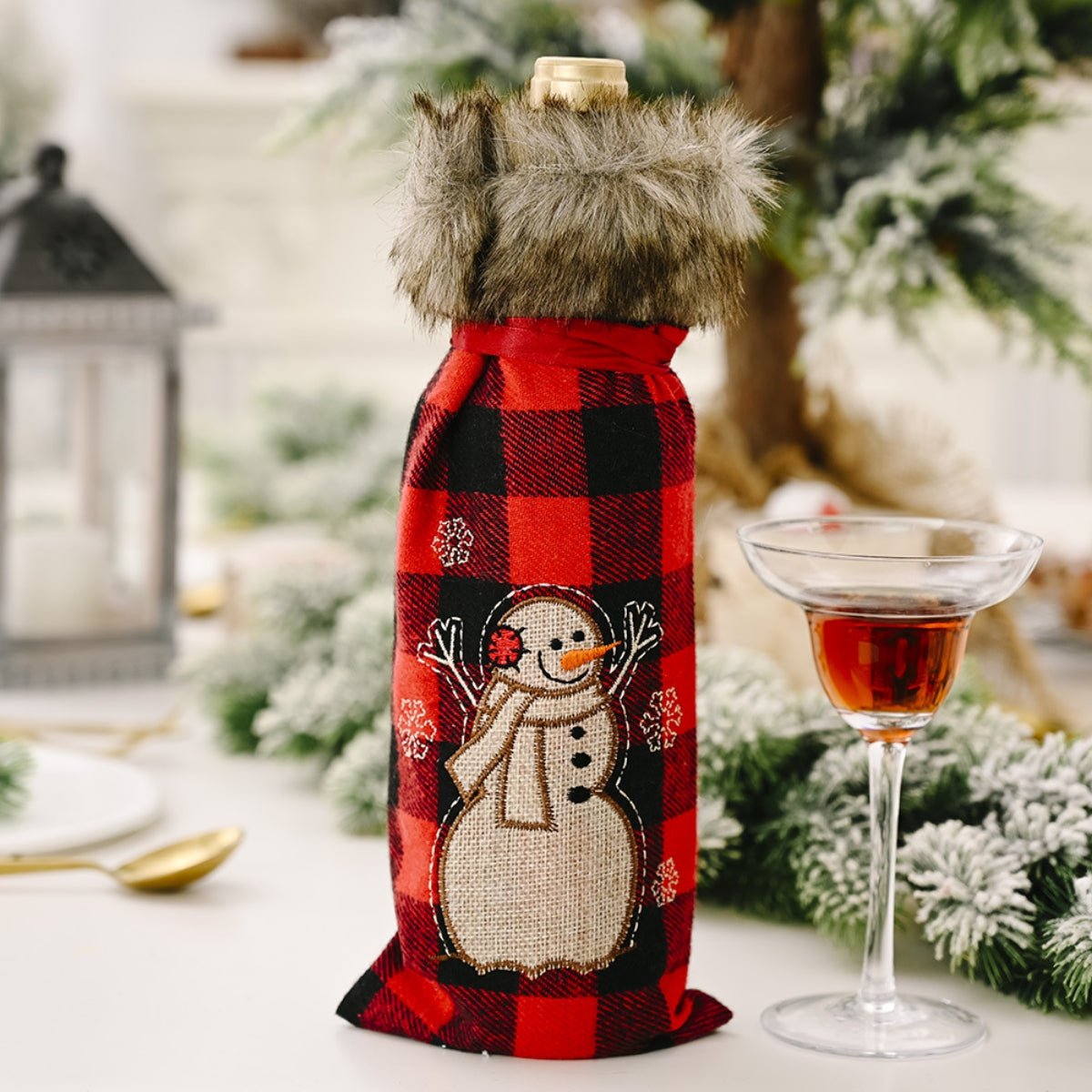 Christmas Graphic Plaid Wine Bottle Cover - Runway Regalia