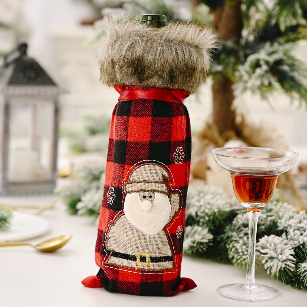 Christmas Graphic Plaid Wine Bottle Cover - Runway Regalia