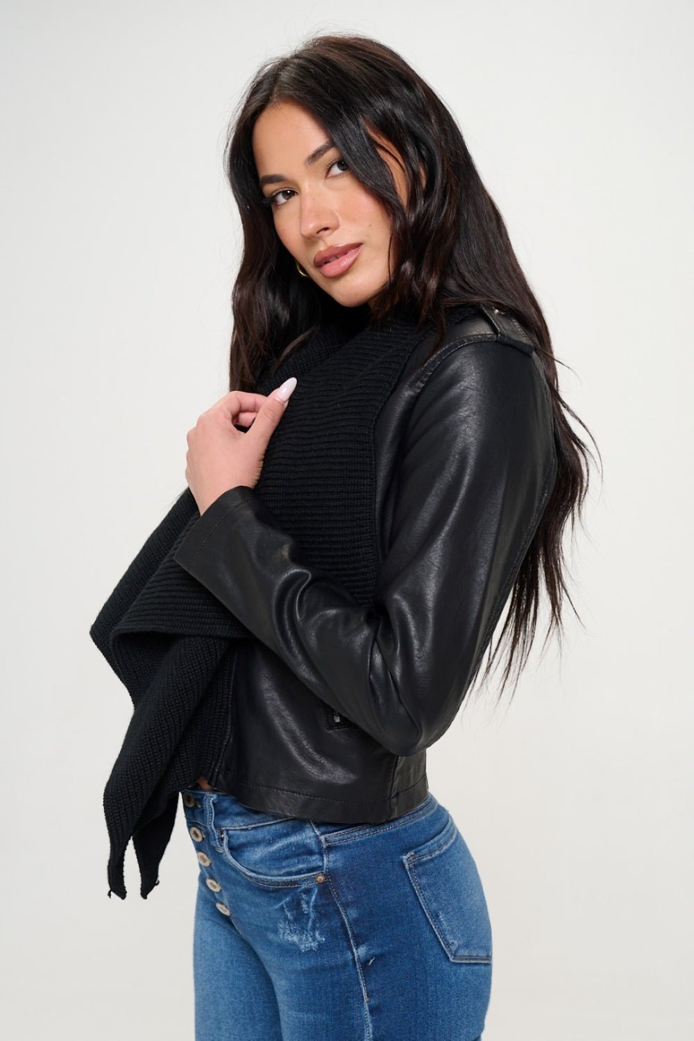 Coalition LA Knit Collared Faux Leather Crop Jacket - Runway Regalia