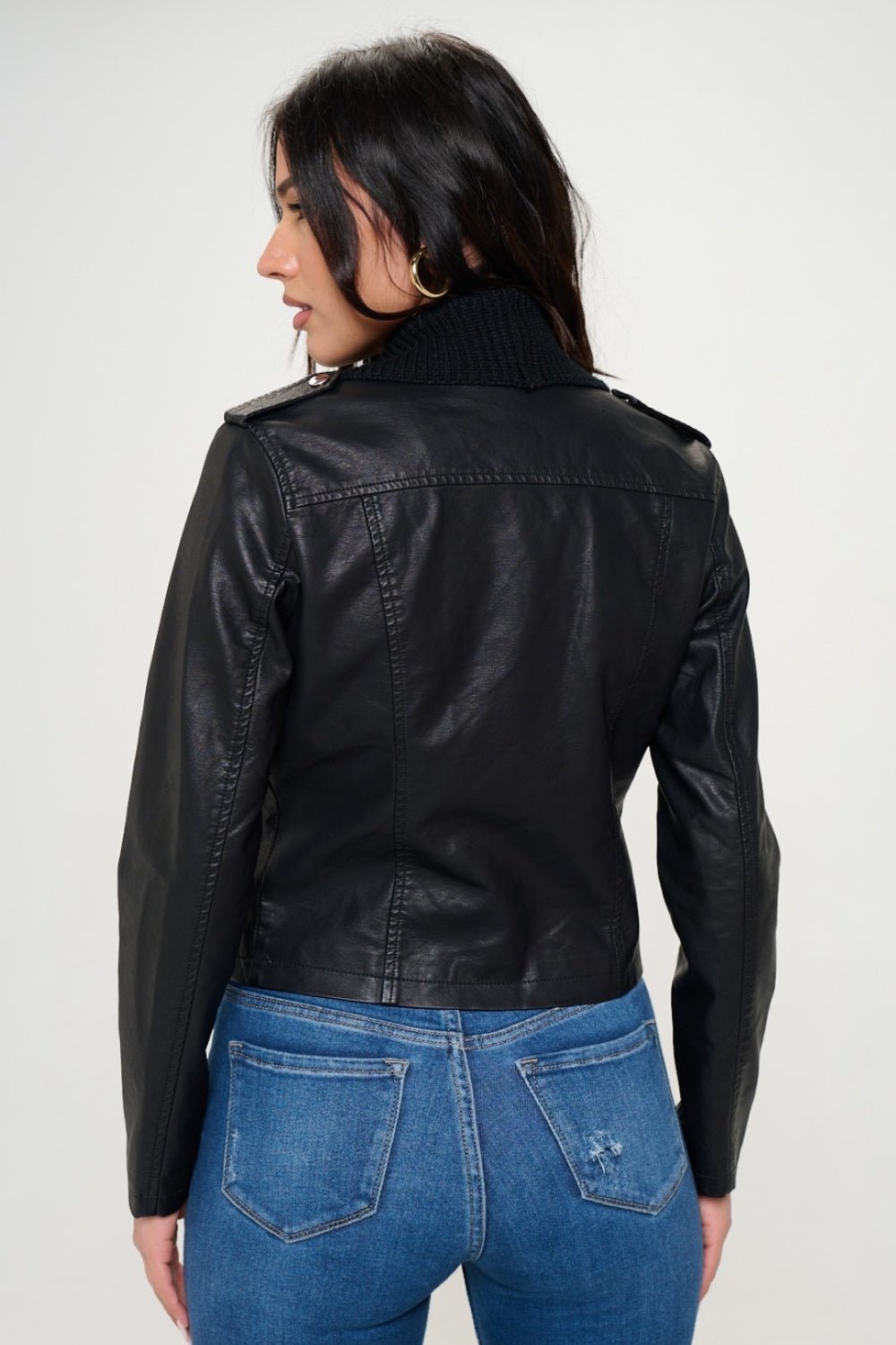 Coalition LA Knit Collared Faux Leather Crop Jacket - Runway Regalia