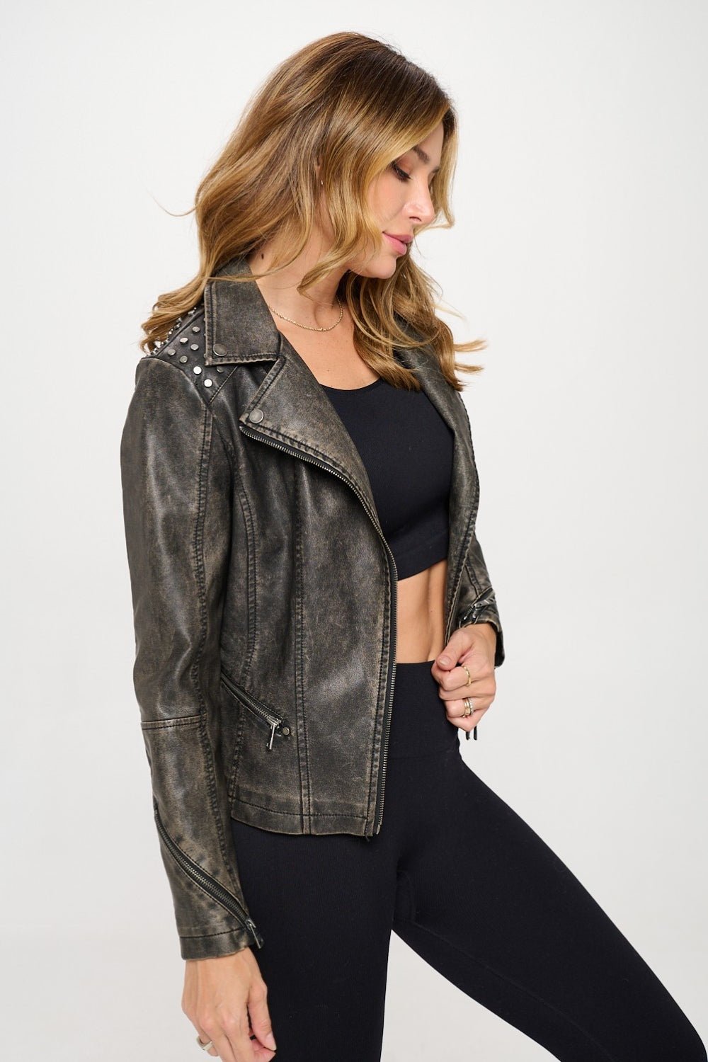 Coalition LA Studded Classic Moto Faux Leather Jacket - Runway Regalia