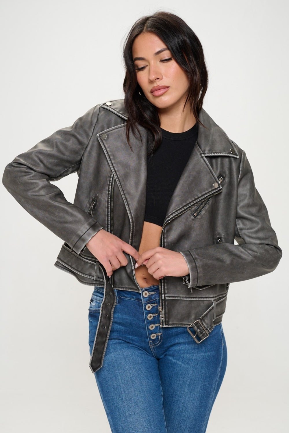 Coalition LA Zip Up Biker Jacket with Belt - Runway Regalia