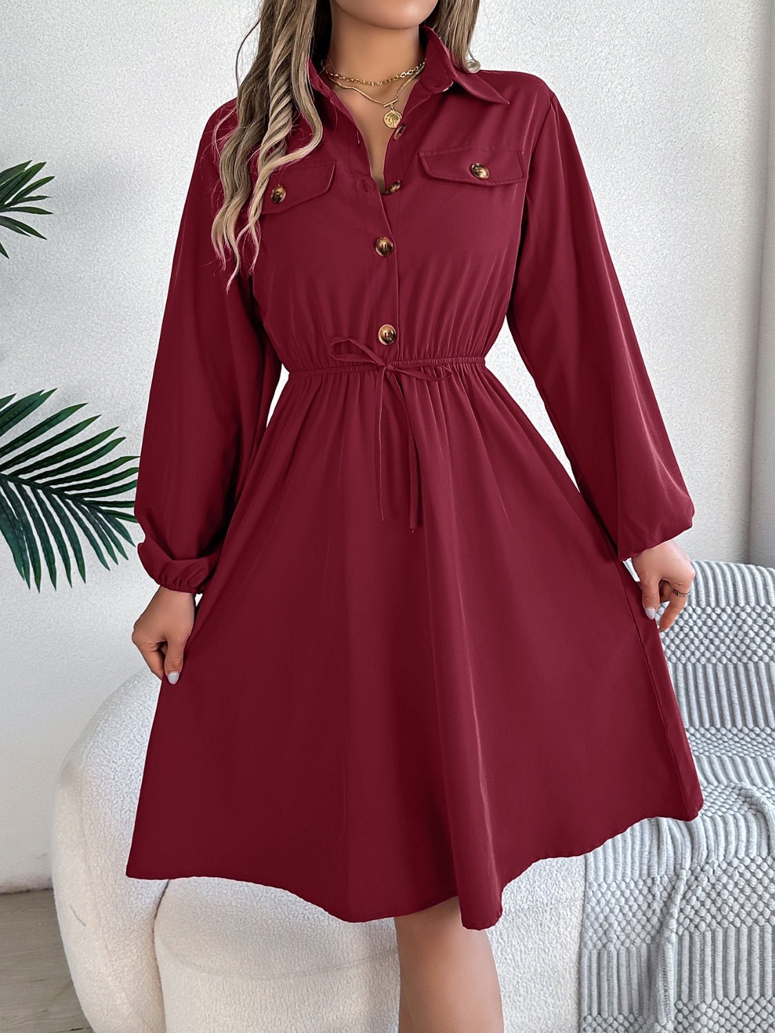 Collared Neck Long Sleeve Dress with Pockets - Runway Regalia