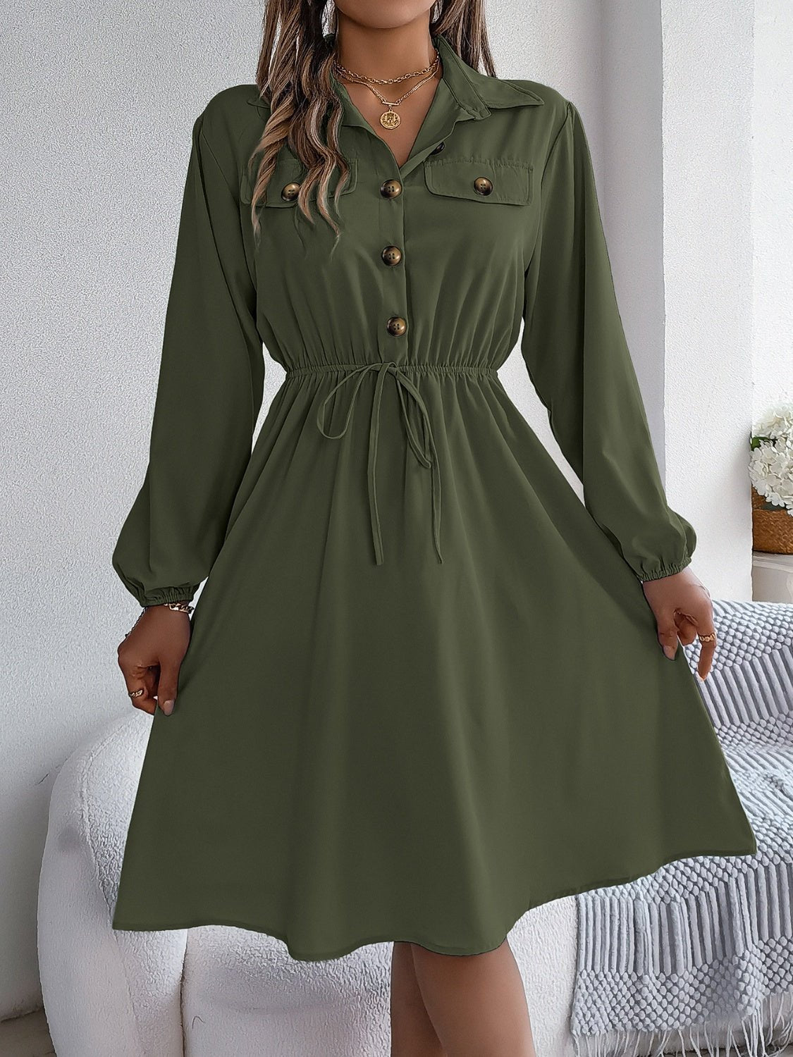 Collared Neck Long Sleeve Dress with Pockets - Runway Regalia