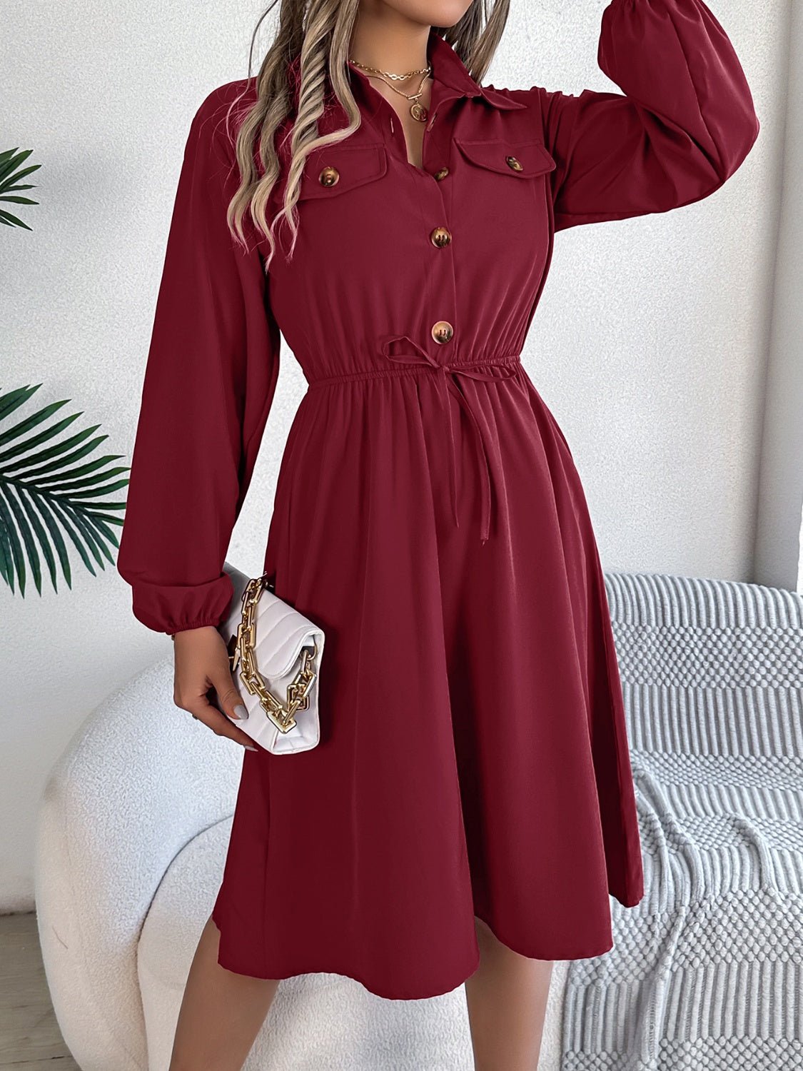 Collared Neck Long Sleeve Dress with Pockets - Runway Regalia