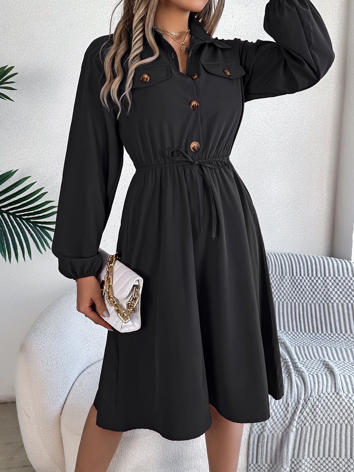 Collared Neck Long Sleeve Dress with Pockets - Runway Regalia