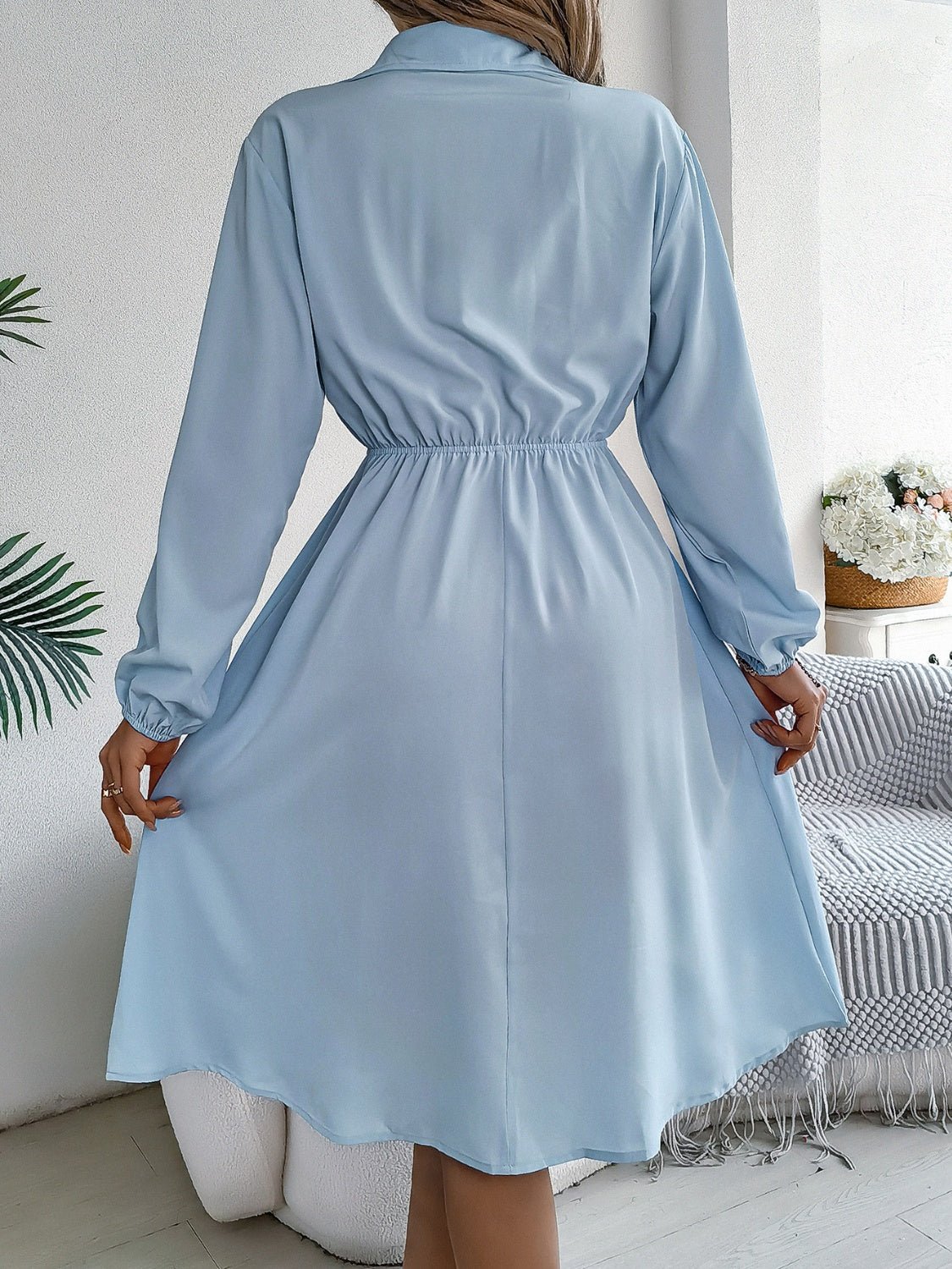 Collared Neck Long Sleeve Dress with Pockets - Runway Regalia