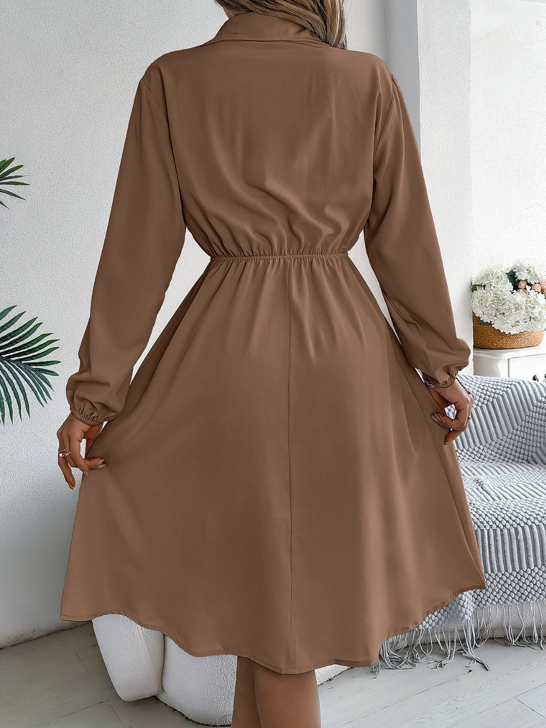 Collared Neck Long Sleeve Dress with Pockets - Runway Regalia