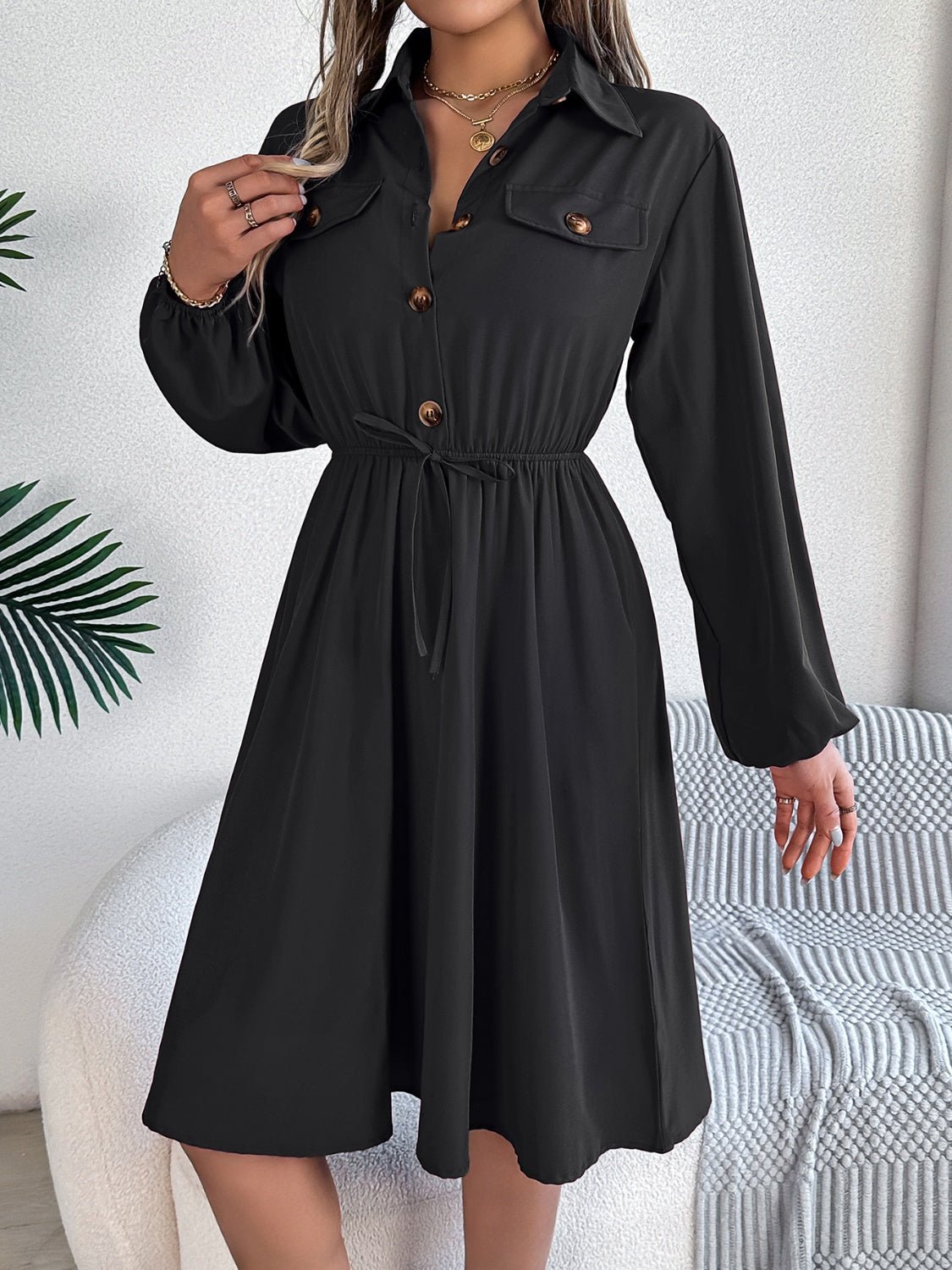 Collared Neck Long Sleeve Dress with Pockets - Runway Regalia