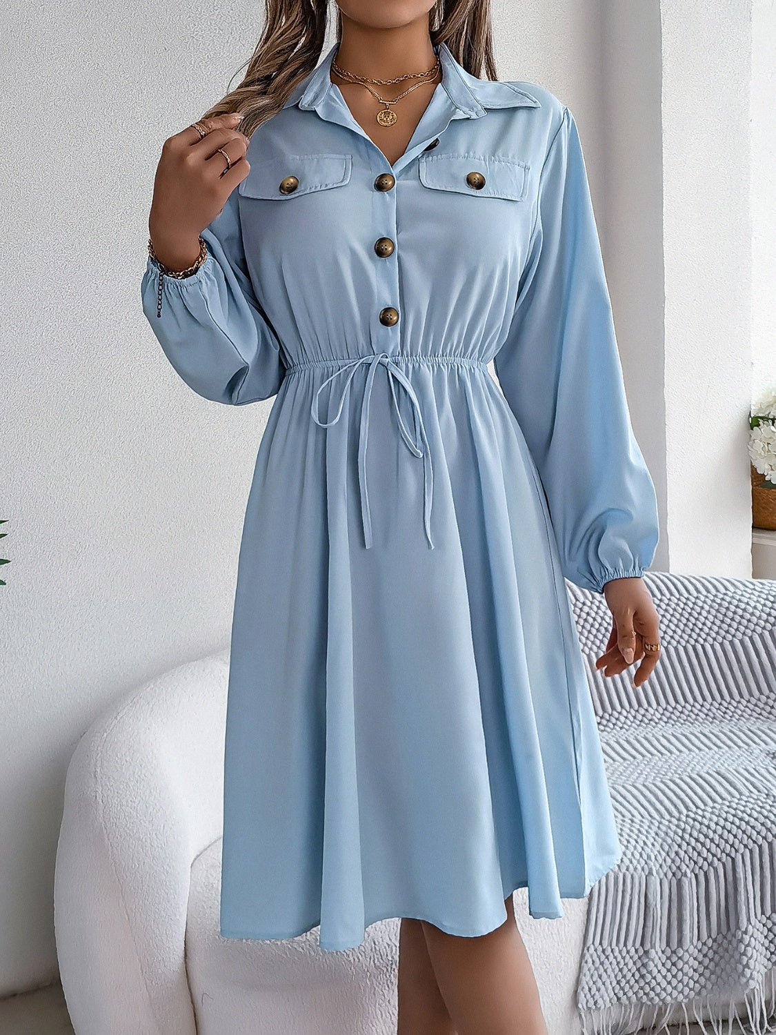 Collared Neck Long Sleeve Dress with Pockets - Runway Regalia