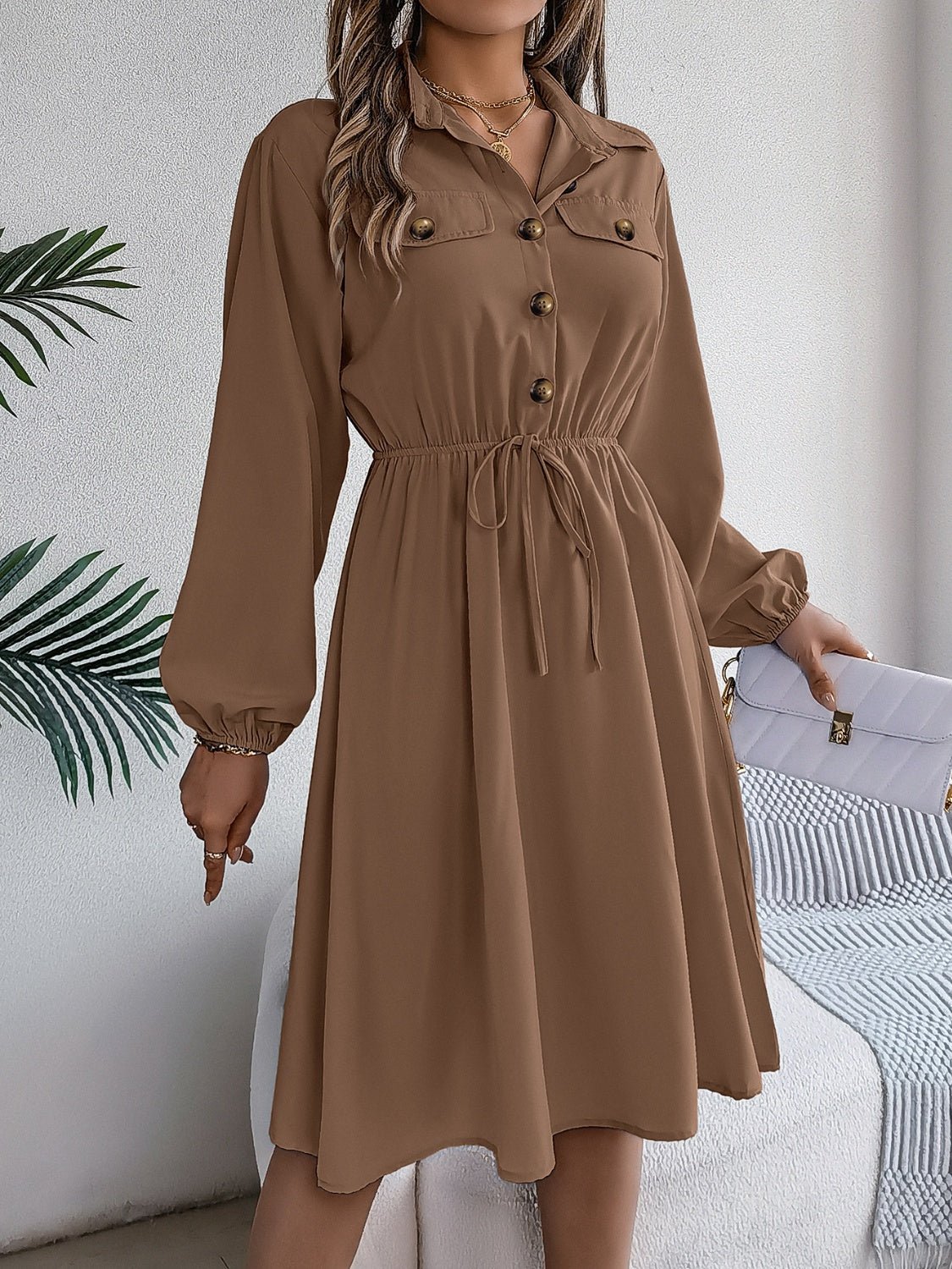 Collared Neck Long Sleeve Dress with Pockets - Runway Regalia