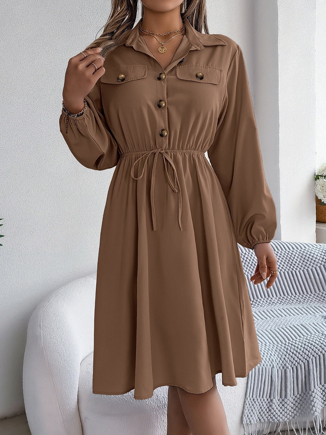 Collared Neck Long Sleeve Dress with Pockets - Runway Regalia