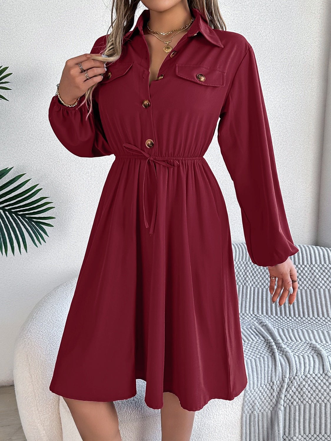 Collared Neck Long Sleeve Dress with Pockets - Runway Regalia