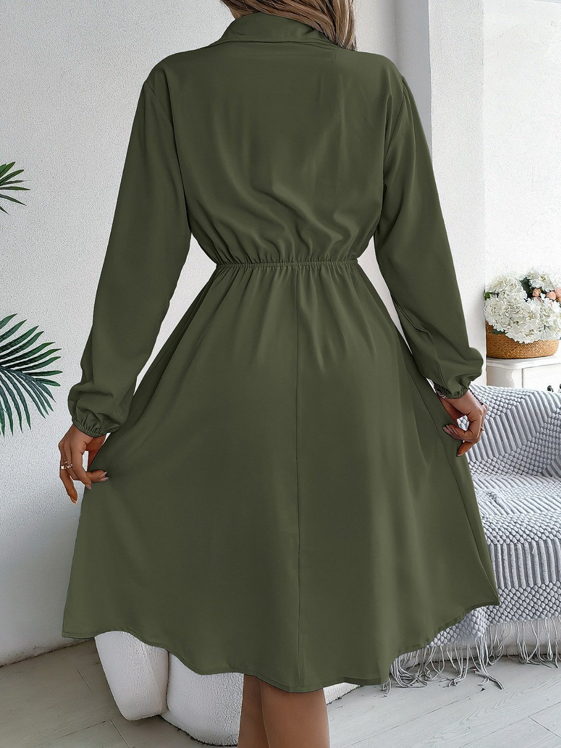 Collared Neck Long Sleeve Dress with Pockets - Runway Regalia