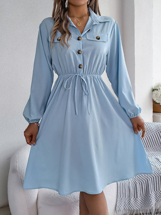 Collared Neck Long Sleeve Dress with Pockets - Runway Regalia