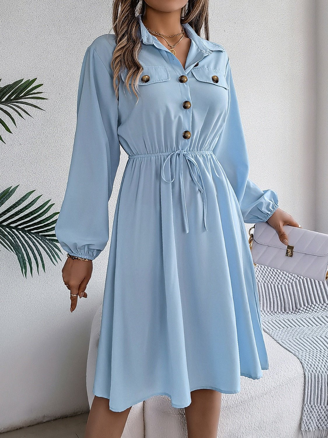 Collared Neck Long Sleeve Dress with Pockets - Runway Regalia