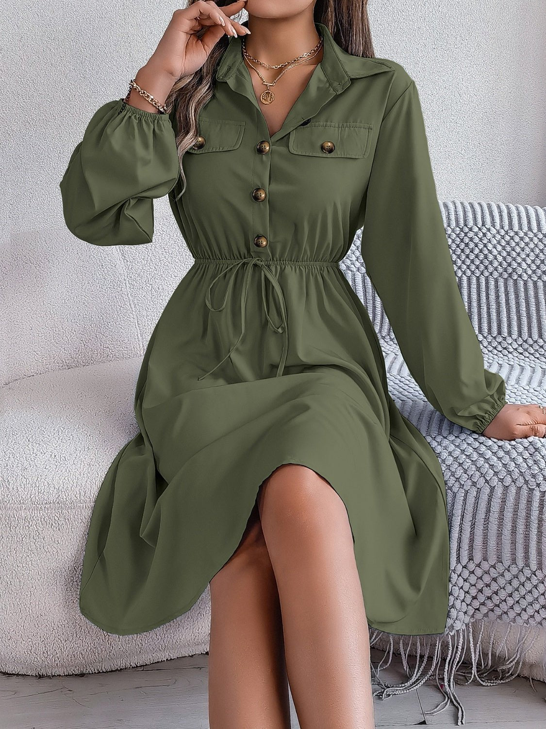 Collared Neck Long Sleeve Dress with Pockets - Runway Regalia