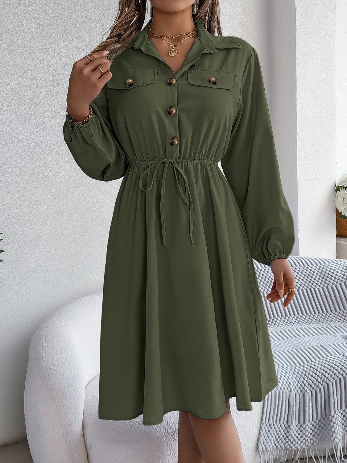 Collared Neck Long Sleeve Dress with Pockets - Runway Regalia