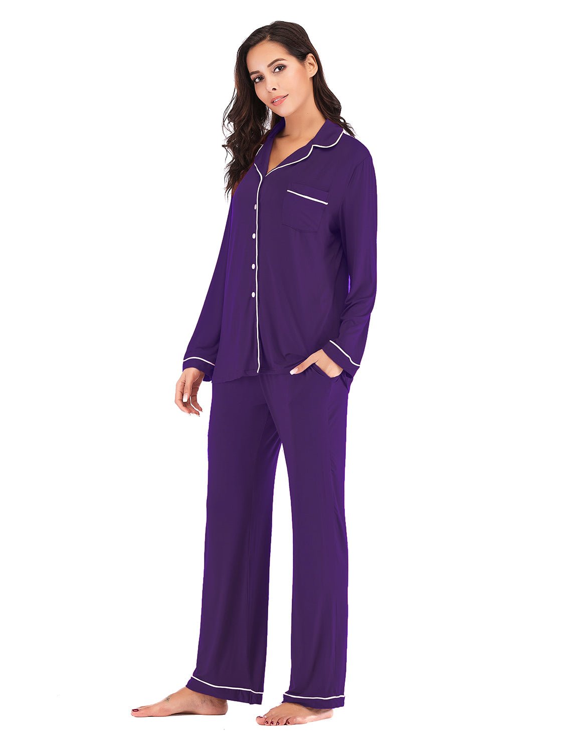 Collared Neck Long Sleeve Loungewear Set with Pockets - Runway Regalia