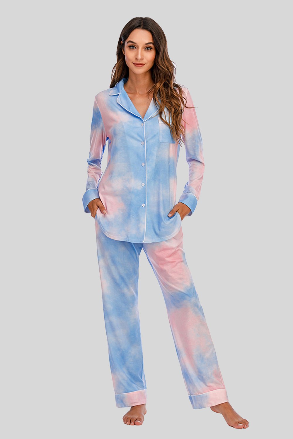 Collared Neck Long Sleeve Loungewear Set with Pockets - Runway Regalia