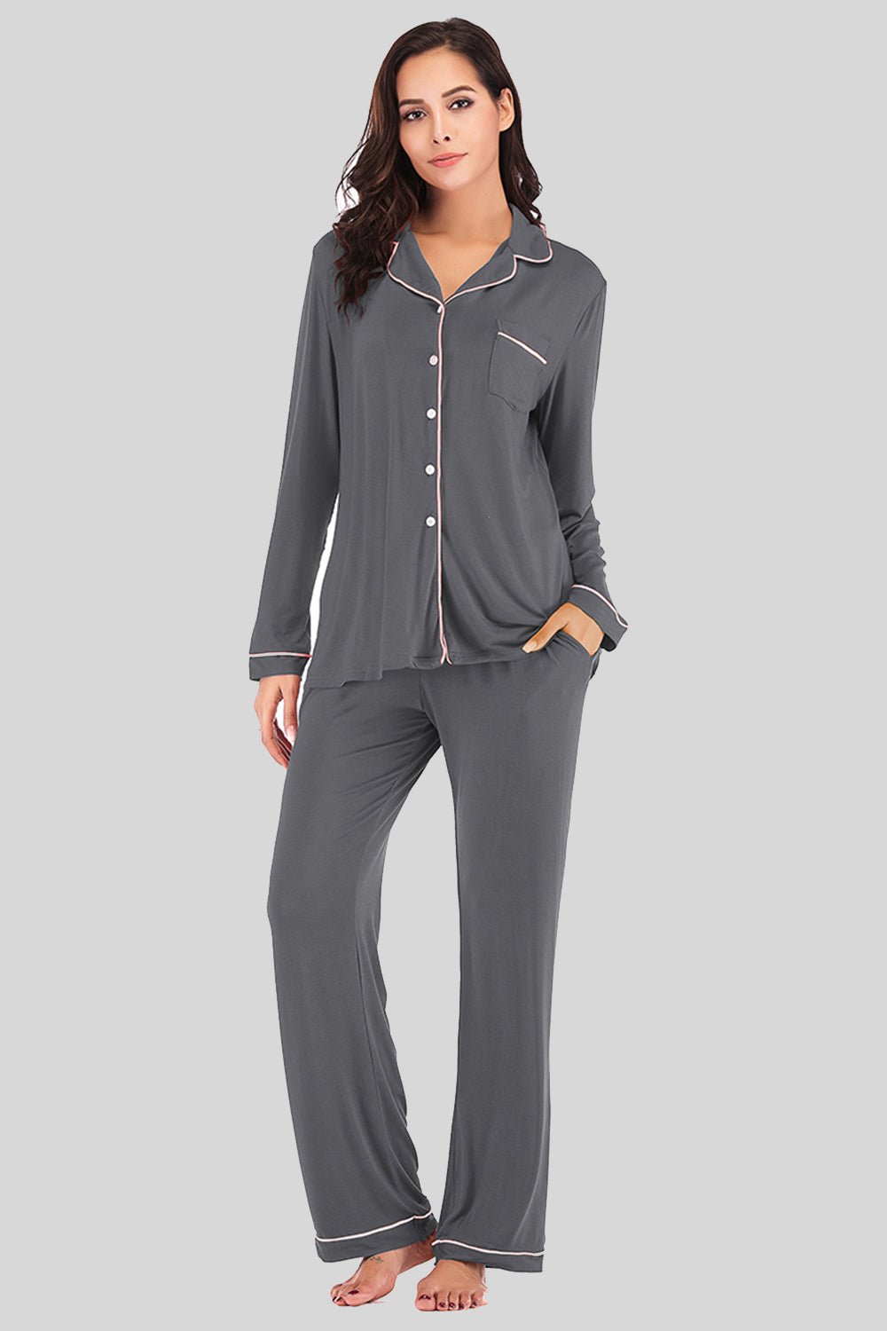 Collared Neck Long Sleeve Loungewear Set with Pockets - Runway Regalia