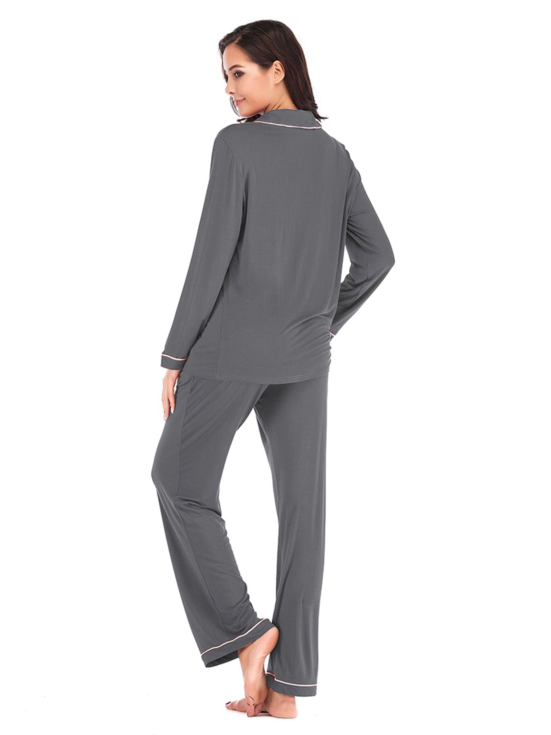 Collared Neck Long Sleeve Loungewear Set with Pockets - Runway Regalia