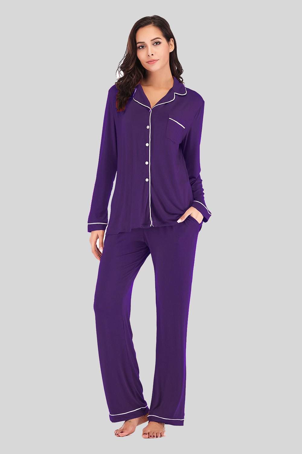 Collared Neck Long Sleeve Loungewear Set with Pockets - Runway Regalia