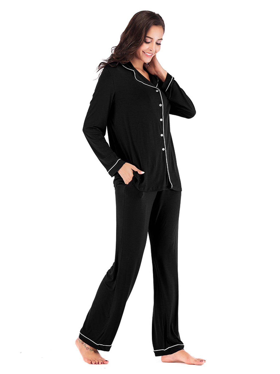 Collared Neck Long Sleeve Loungewear Set with Pockets - Runway Regalia