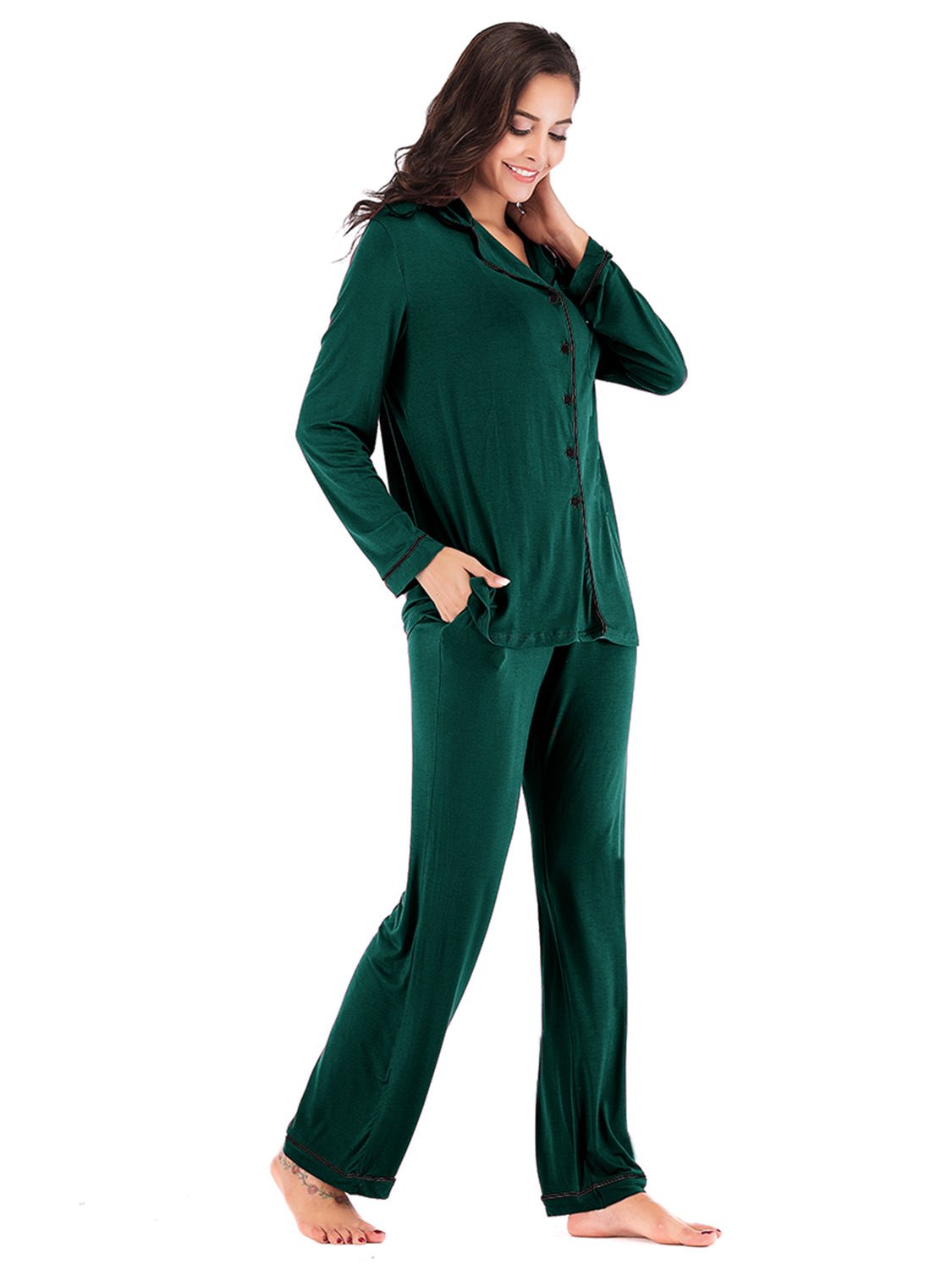 Collared Neck Long Sleeve Loungewear Set with Pockets - Runway Regalia