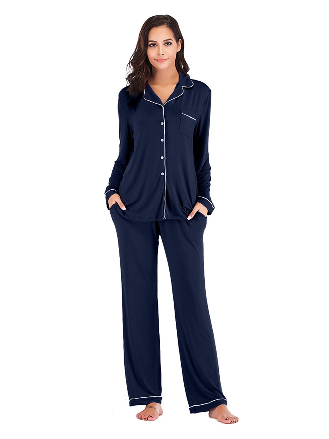 Collared Neck Long Sleeve Loungewear Set with Pockets - Runway Regalia