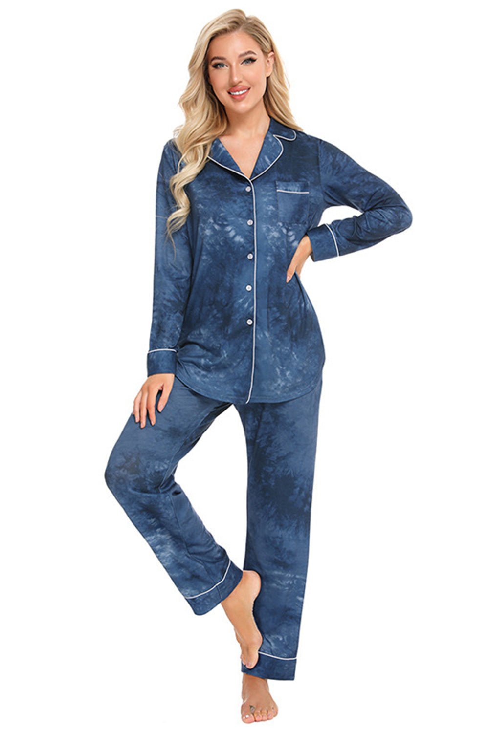 Collared Neck Long Sleeve Loungewear Set with Pockets - Runway Regalia