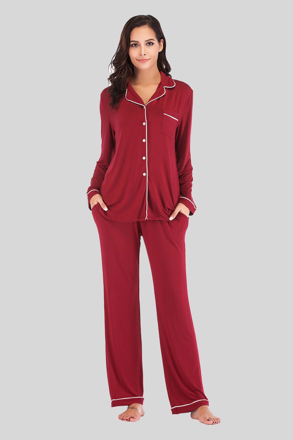 Collared Neck Long Sleeve Loungewear Set with Pockets - Runway Regalia