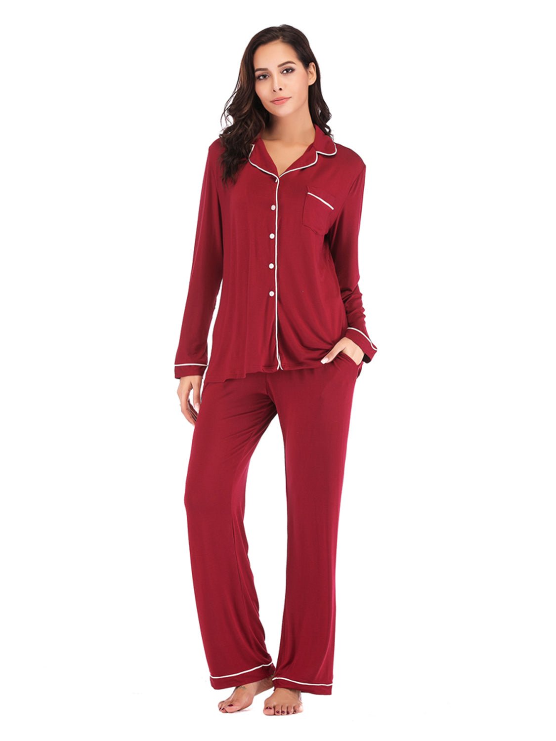 Collared Neck Long Sleeve Loungewear Set with Pockets - Runway Regalia