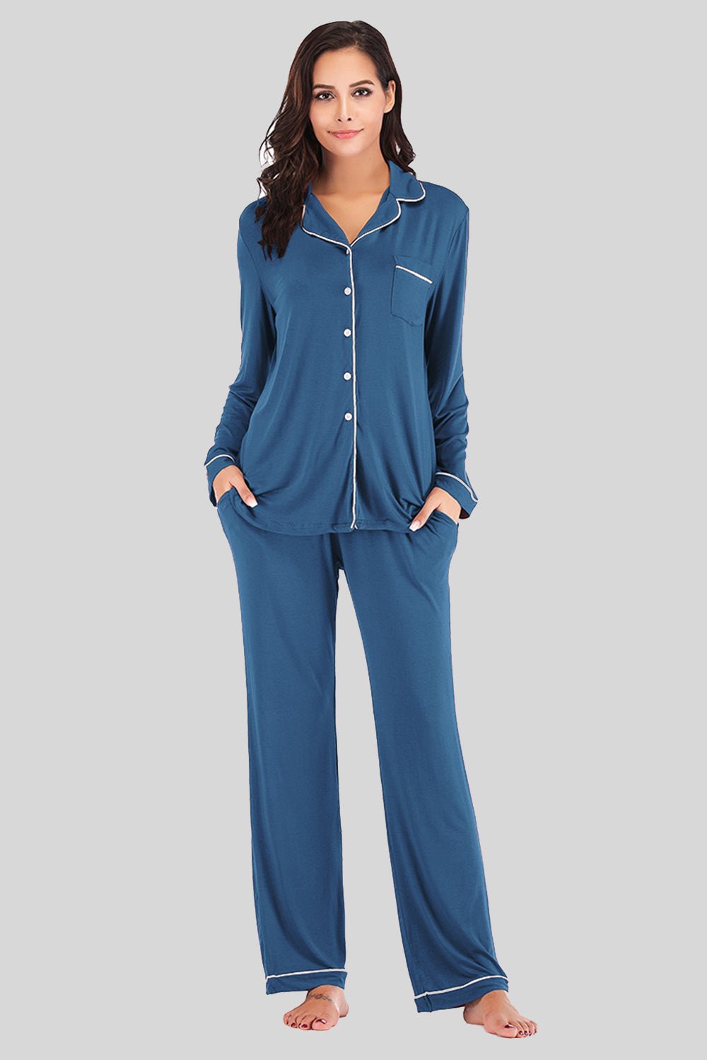 Collared Neck Long Sleeve Loungewear Set with Pockets - Runway Regalia