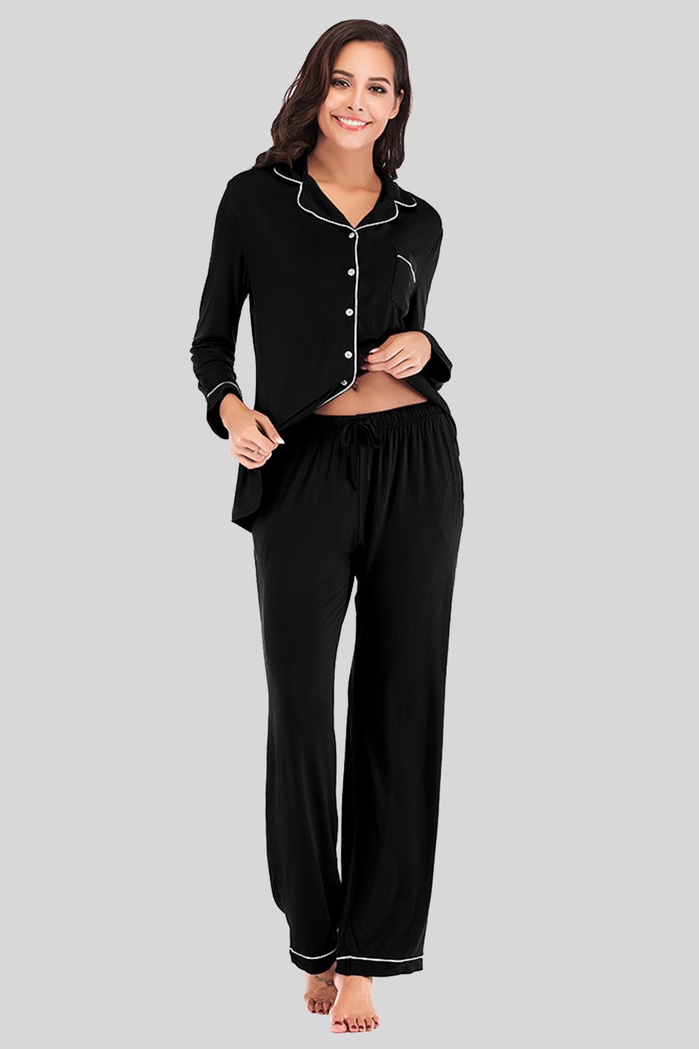 Collared Neck Long Sleeve Loungewear Set with Pockets - Runway Regalia