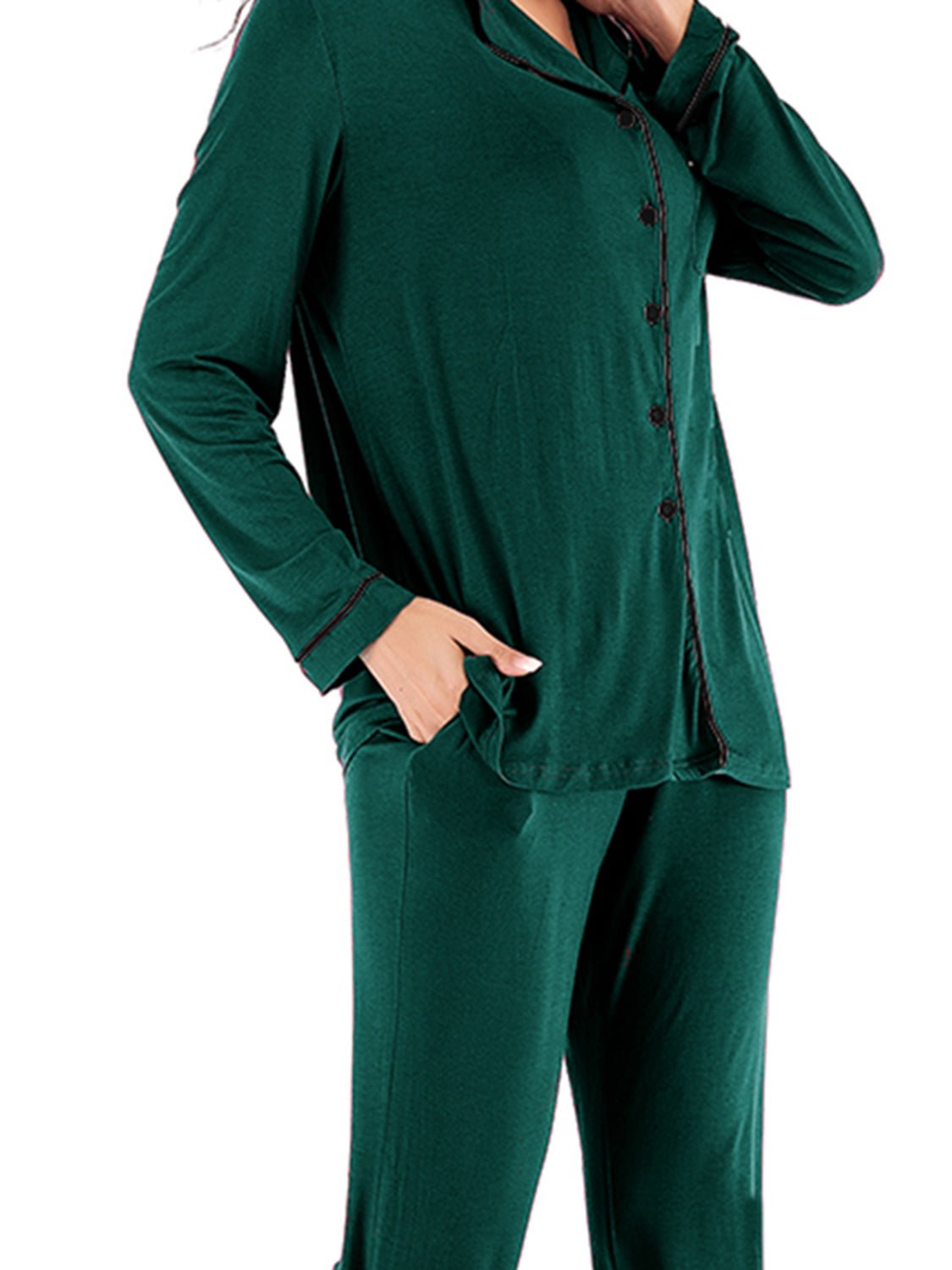 Collared Neck Long Sleeve Loungewear Set with Pockets - Runway Regalia