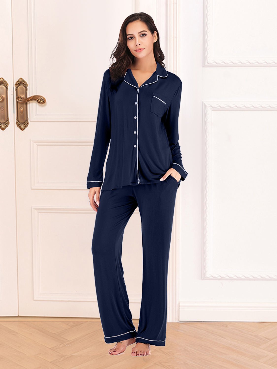 Collared Neck Long Sleeve Loungewear Set with Pockets - Runway Regalia