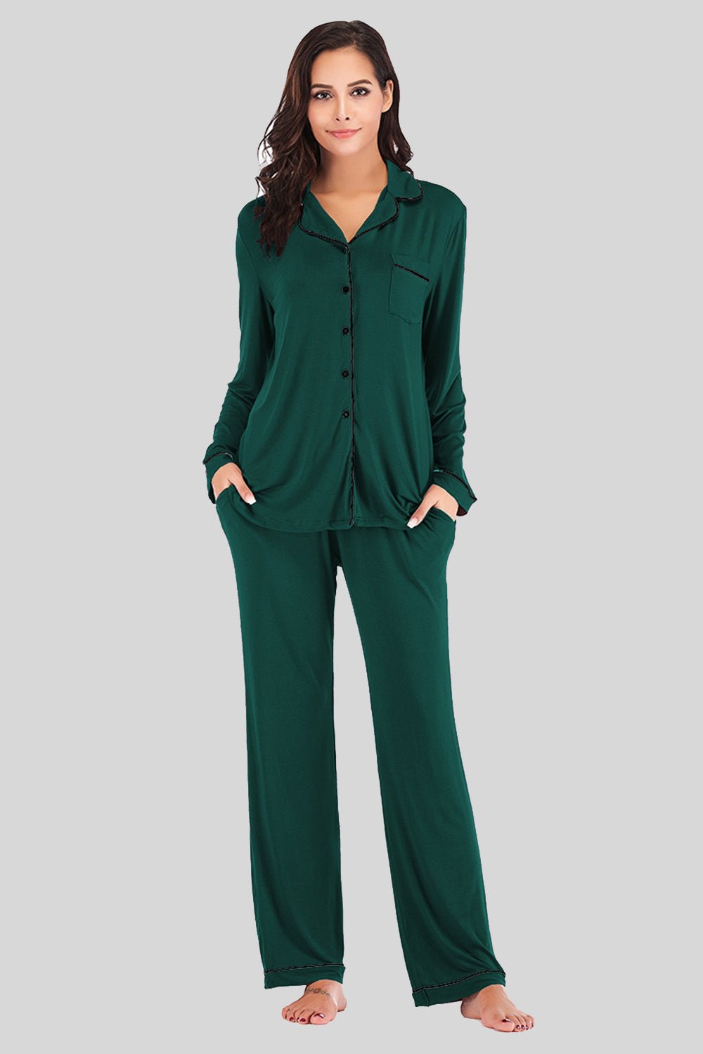 Collared Neck Long Sleeve Loungewear Set with Pockets - Runway Regalia